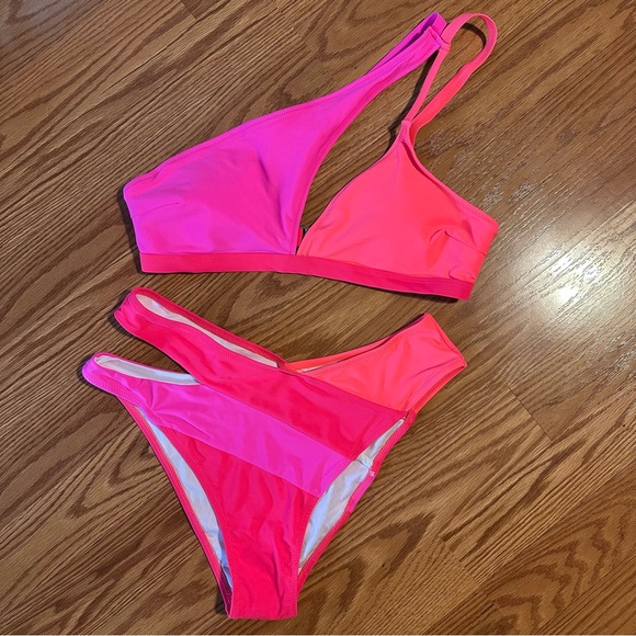 Other - NWOT Neon Pink Orange Split One Shoulder Bikini Set size L